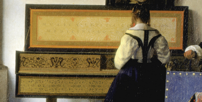 Johannes Vermeer, La Leçon de musique (vers 1662-1665, détail). Windsor family, Royal collection. CC Wikimedia Commons